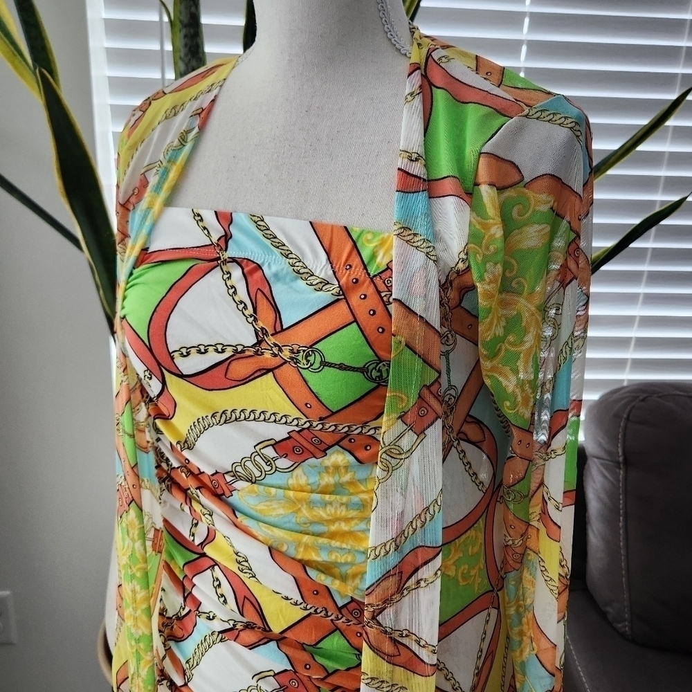 Jolie & Joy Midi Dress Set. Yellow Combo. Ruched. Mesh Cardigan. Tube Dr… - Picture 4 of 11